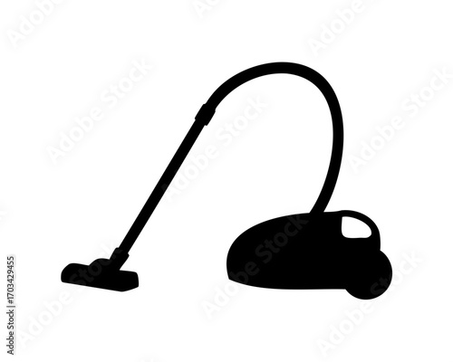 A simple black silhouette of a canister vacuum cleaner on white background