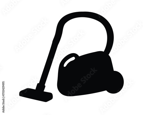 Black silhouette of a classic canister vacuum cleaner on white background