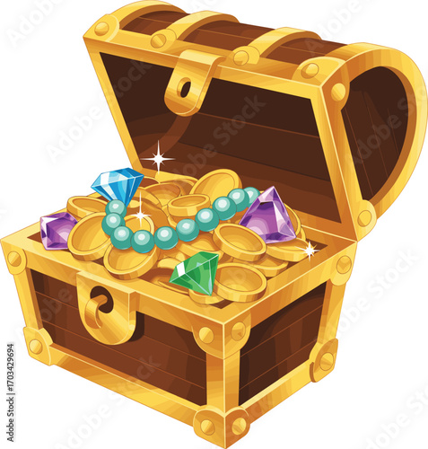 Treasure chest full of gold coins, shiny gems, and jewelry, pirate loot vector illustration, fantasy adventure reward concept design