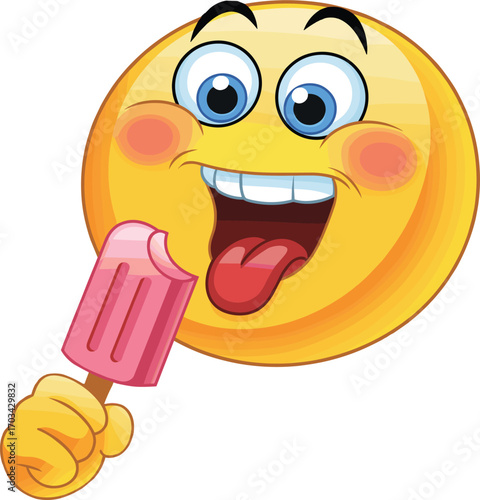 Happy cartoon emoji eating ice cream, funny smiley licking popsicle, summer dessert character illustration, joyful expression, food fun icon