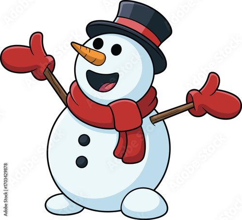 Happy cartoon snowman with scarf and top hat, winter holiday character, festive Christmas vector for seasonal decoration and greeting design