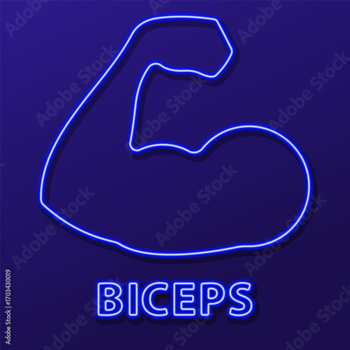 biceps neon sign, modern glowing banner design, colorful modern design trend on black background. Vector illustration.