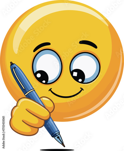Smiling emoji writing with pen, cute cartoon emoticon character drawing on paper, creative expression vector for communication and education
