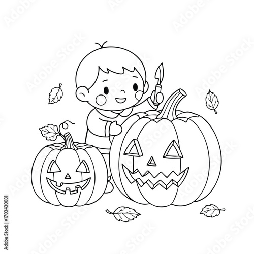 A cheerful child carving two large jack-o'-lantern pumpkins surrounded by autumn leaves in a festive Halloween scene