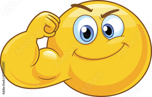 Strong cartoon emoji showing muscle, confident smiley character flexing arm, power symbol, strength icon, fitness motivation, positive expression art