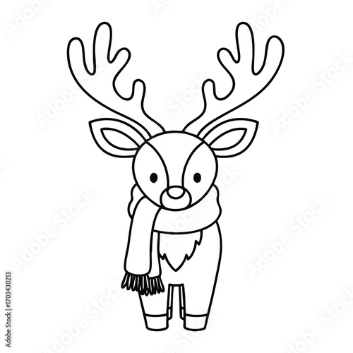 Cute cartoon reindeer with large antlers wearing a scarf in a simple black and white line art style