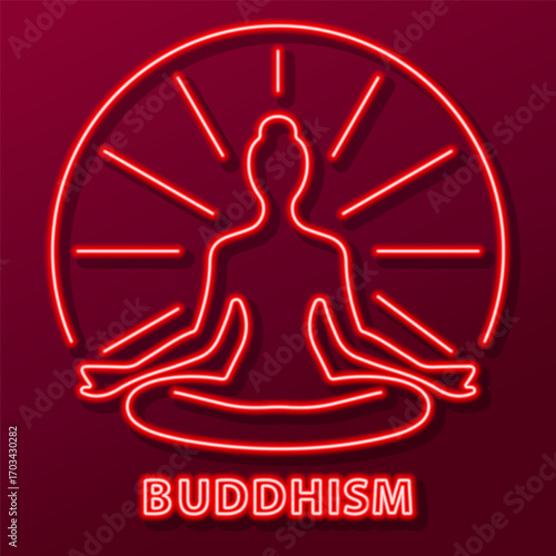 buddhism neon sign, modern glowing banner design, colorful modern design trend on black background. Vector illustration.