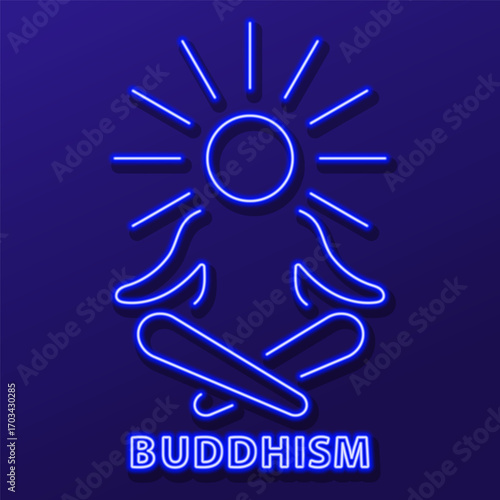 buddhism neon sign, modern glowing banner design, colorful modern design trend on black background. Vector illustration.