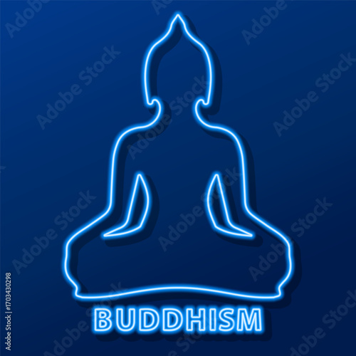 buddhism neon sign, modern glowing banner design, colorful modern design trend on black background. Vector illustration.