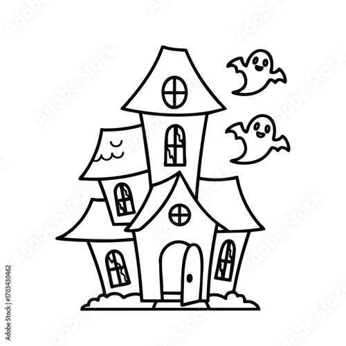 Black and white line art of a haunted house with two friendly ghosts floating beside it in a spooky cartoon style
