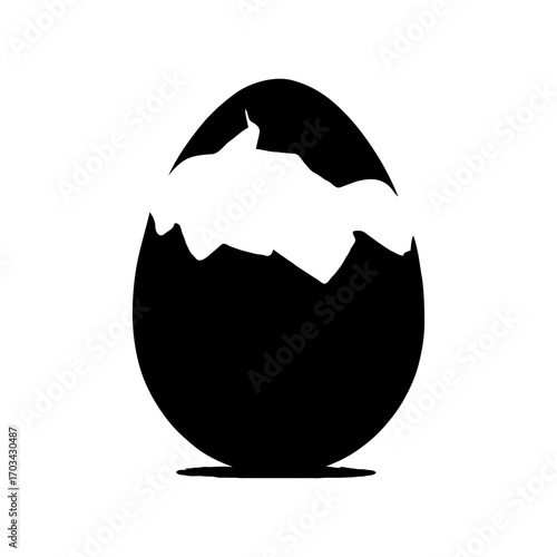 Dinosaur silhouette emerging from cracked egg in black and white style on plain white background, concept of birth and prehistoric life