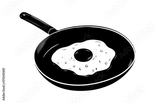 Fried egg cooking in black frying pan, monochrome hand-drawn style, isolated on white background, concept of breakfast and cooking