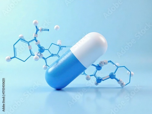 A large blue and white capsule surrounded by molecular structures on a light blue background