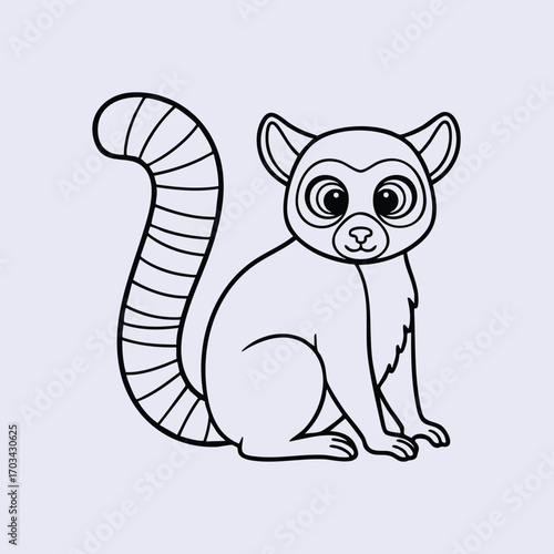 Cute cartoon lemur with big eyes and striped tail sitting calmly on a plain light background drawing