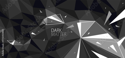 Dark low poly vector abstract background, black monochrome greyscale polygonal abstraction with decay motion of flying particles, 3D dynamic art.