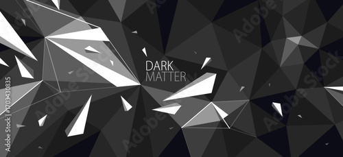 Dark black monochrome greyscale polygonal abstract background with 3D triangular surface and flying debris particles in motion, explosion force abstraction.