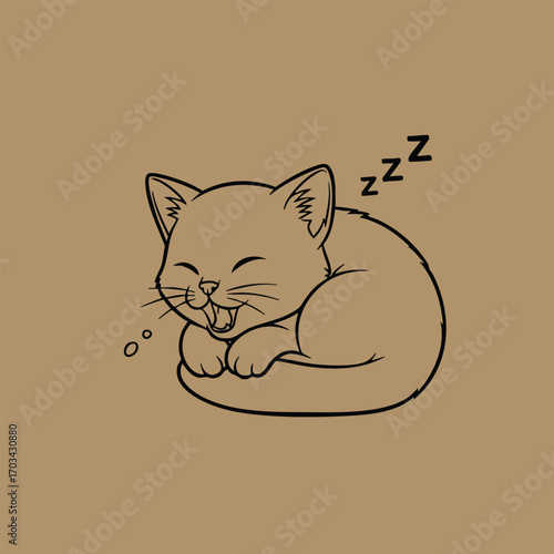 Illustration of a cute sleeping cat curled up with closed eyes and peaceful expression on a plain background