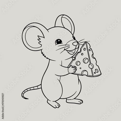 Cute cartoon mouse holding a large piece of cheese with holes in a simple black and white line drawing style