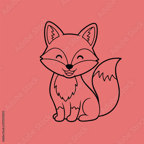 Cute smiling cartoon fox sitting with closed eyes and bushy tail on a solid muted red background