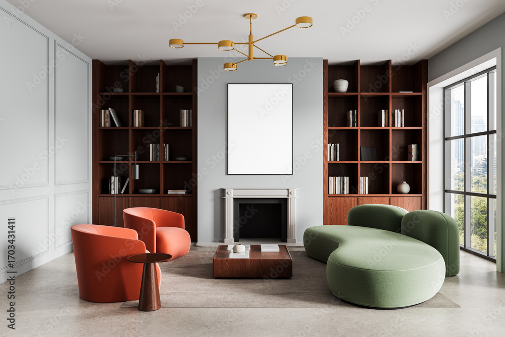 Fototapeta premium Modern interior living room with poster mockup on wall, elegant furniture and large window view in daylight setting, cozy and stylish design scene. 3D Rendering