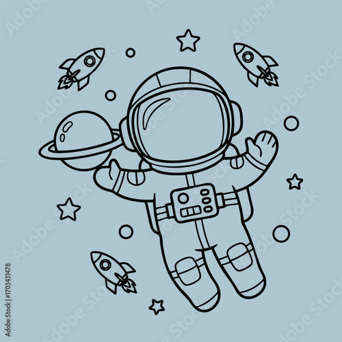 Black and white line art illustration of an astronaut floating in space surrounded by rockets stars and a planet with rings