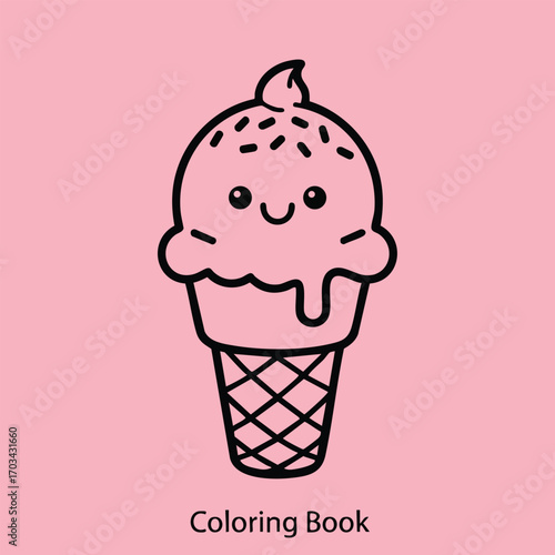 Cute smiling ice cream cone illustration with sprinkles on a pink background for coloring book design