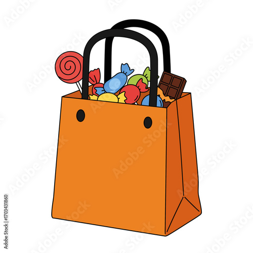 Orange Bag Filled with Halloween Candies Trick or Treat Illustration