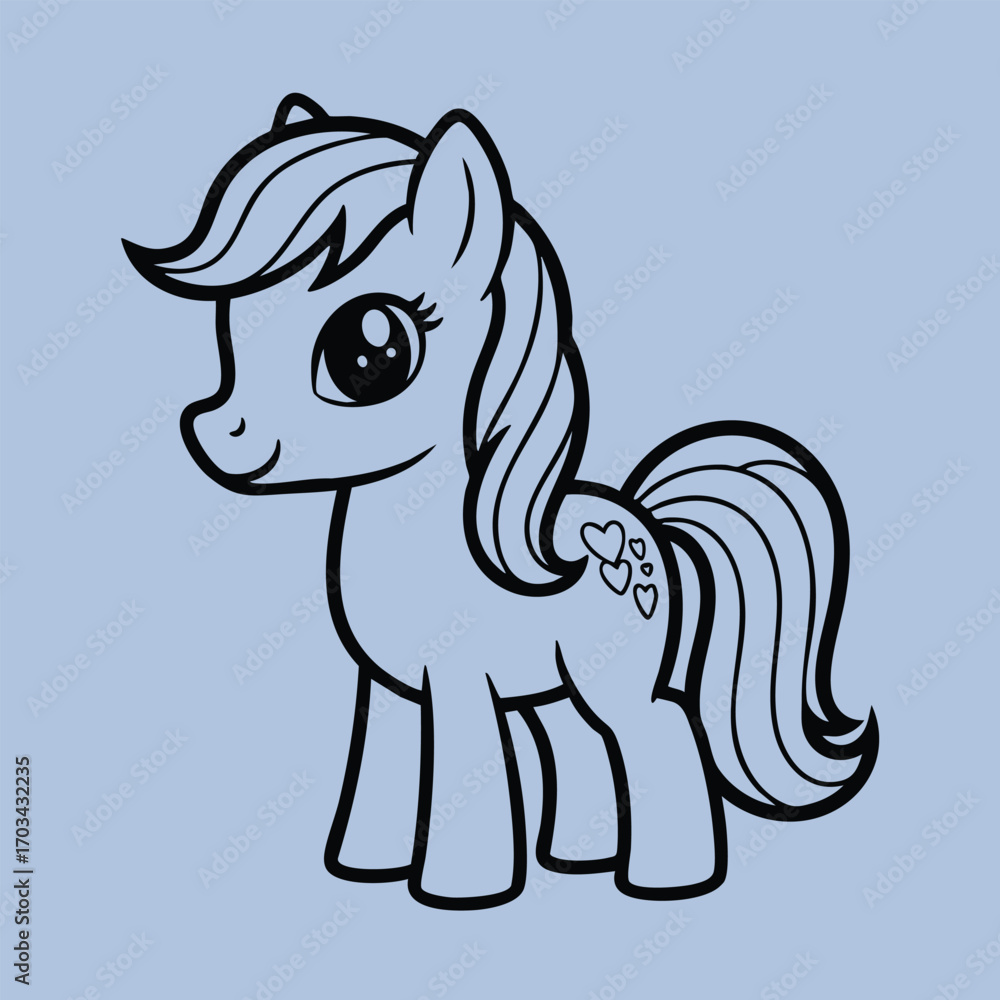 Fototapeta premium Cute cartoon pony with big eyes and flowing mane standing on a plain background with heart shapes on its flank
