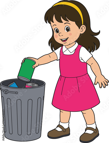 Cartoon child throwing can into trash bin, environmental responsibility illustration for cleanliness themes, educational content, and sustainability-focused storytelling design assets