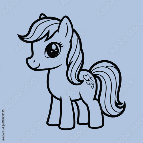 Cute cartoon pony with big eyes and flowing mane standing on a plain background with heart shapes on its flank