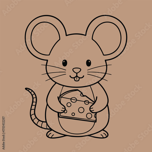 Cute cartoon mouse holding a piece of cheese with a happy expression on a plain brown background