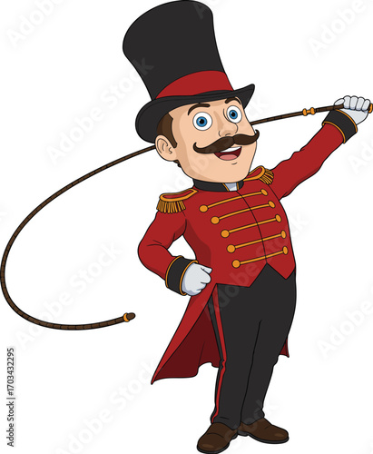 Cartoon circus ringmaster with whip and top hat in dynamic pose, theatrical character illustration for entertainment themes, performance content, and storytelling design