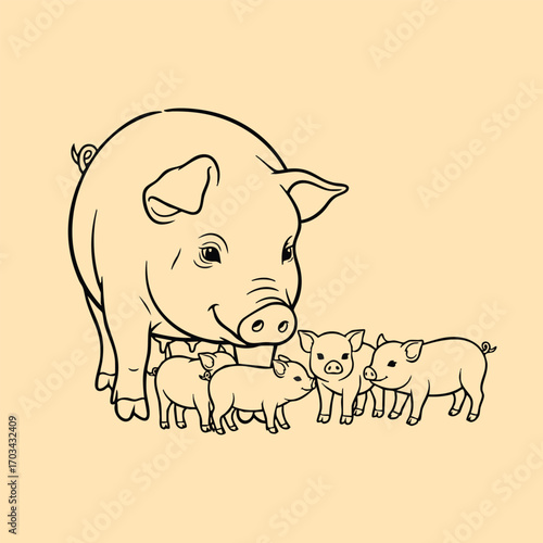 Illustration of a mother pig standing protectively with five small piglets on a plain beige background