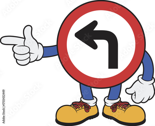 Cartoon traffic sign character with curved arrow and gloves, road safety illustration for educational themes, directional signage, and expressive storytelling design assets