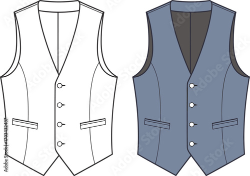 Men’s vest fashion illustration, technical sketch and colored rendering, sleeveless garment design, V-neck vest with buttons, tailoring concept vector, clothing construction artwork,