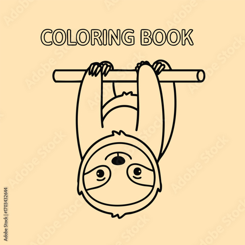 Cute sloth hanging upside down from a branch in a simple black and white coloring book illustration design