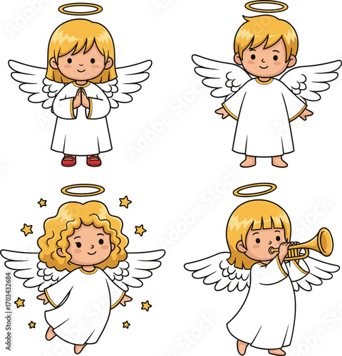 Cartoon angel characters with halo, wings, white robe, trumpet, stars, prayer pose, festive spiritual theme for Christmas and religious design