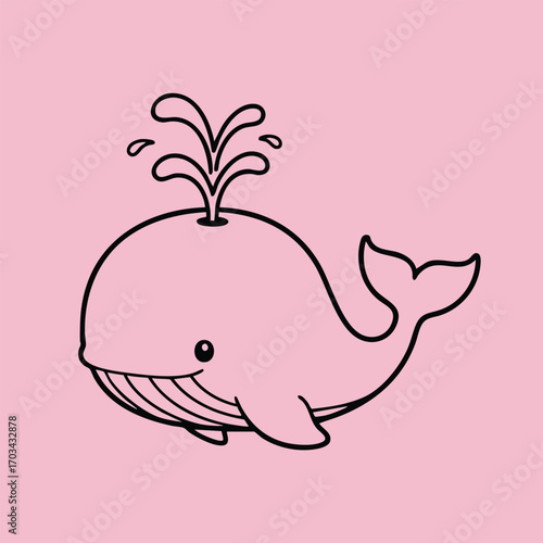 Cute cartoon whale illustration with water spouting from blowhole on a pastel pink background