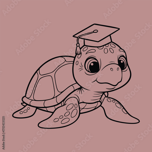 Cute cartoon turtle wearing a graduation cap with big eyes and a smiling face on a plain background