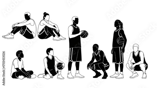 Basketball and Basketball Player Vector Silhouette Illustration Set AI EPS PNG