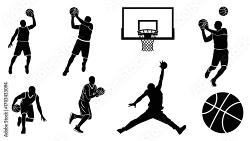 Basketball and Basketball Player Vector Silhouette Illustration Set AI EPS PNG
