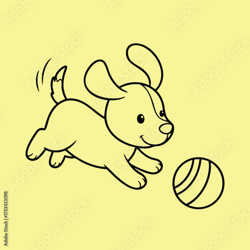 Cute playful puppy happily chasing a striped ball in a simple minimalistic cartoon style illustration