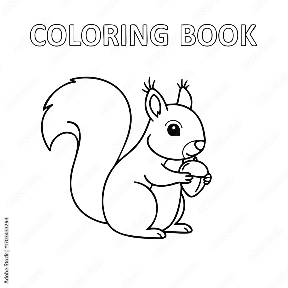 Obraz premium Black and white outline of a cute squirrel holding an acorn for a children's coloring book page design