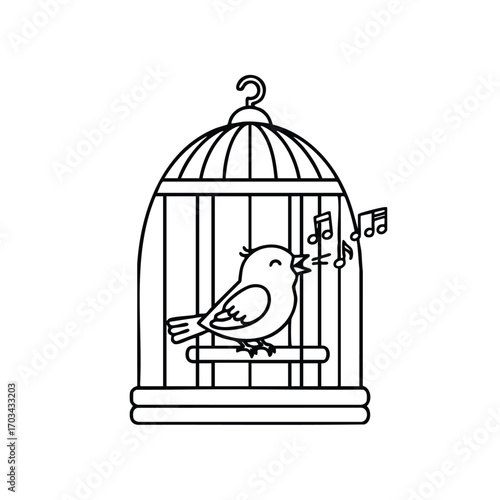 A cute small bird singing melodious notes inside a traditional round birdcage with vertical bars and a hook on top