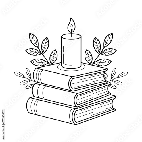 Book Stack with Candle Illustration | Reading, Literature, Study, Education, Cozy Decor Coloring page