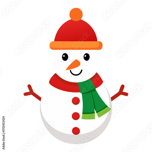 Cheerful snowman character wearing a red hat and green scarf, with a friendly smile, standing against a simple white background, perfect for holiday-themed designs and decorations