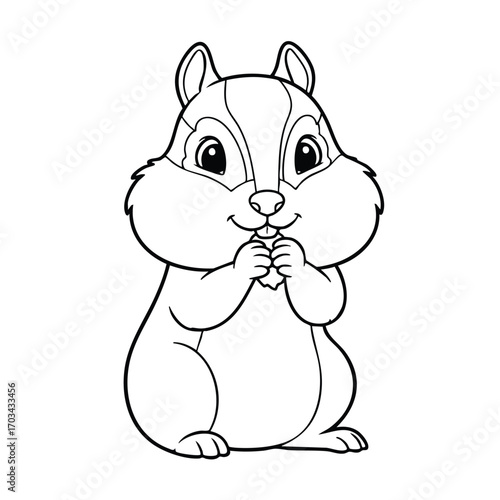 Cute cartoon chipmunk with big eyes holding food and smiling in a simple black and white line art style