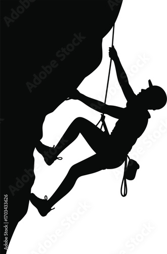 Silhouette climber ascending steep rock face climbing