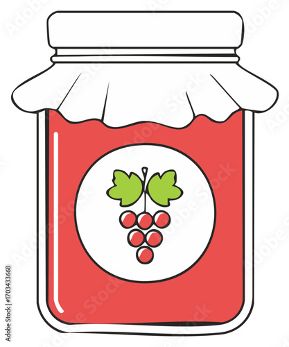 Cartoon illustration of a jam jar with a grape logo.