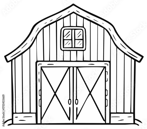 Simple Outline Drawing of a Wooden Barn with Large Doors and a Window